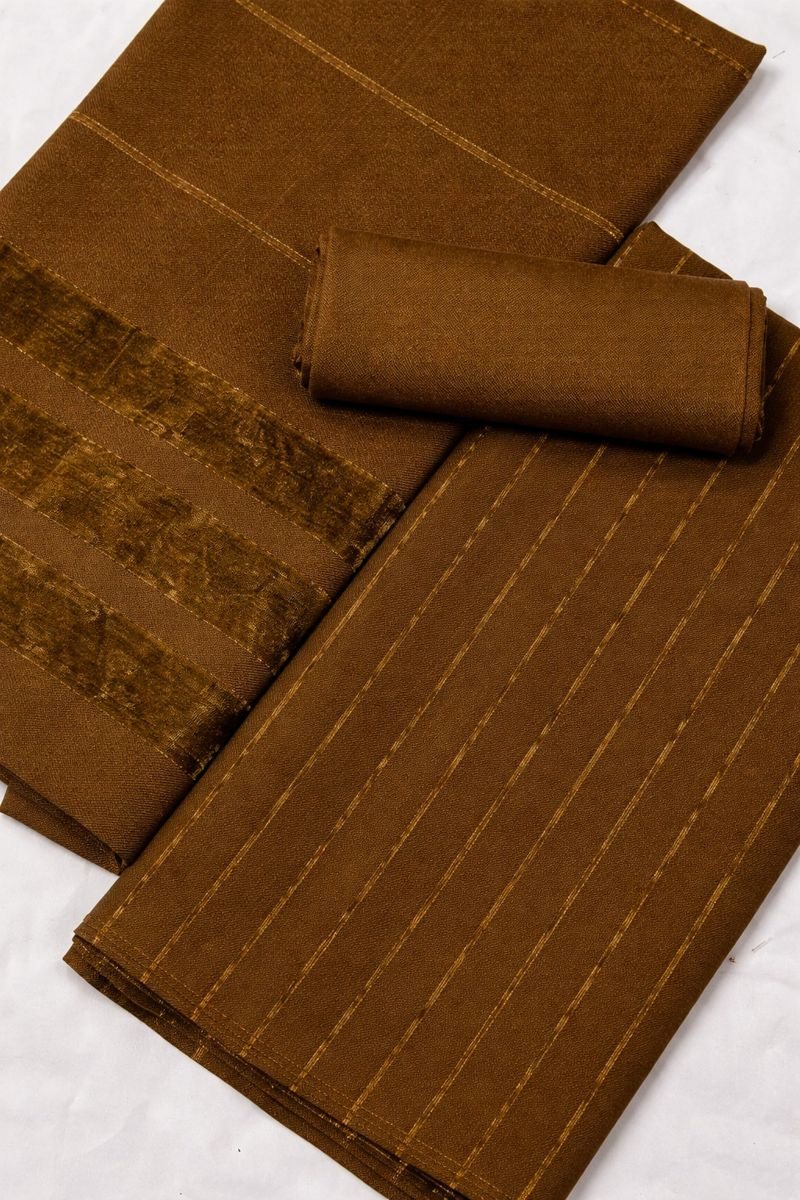 Three-piece Alpine Velvet Dhank Marina set in dark mahndi color by Hayadar Clothing, featuring traditional winter attire with intricate patterns.