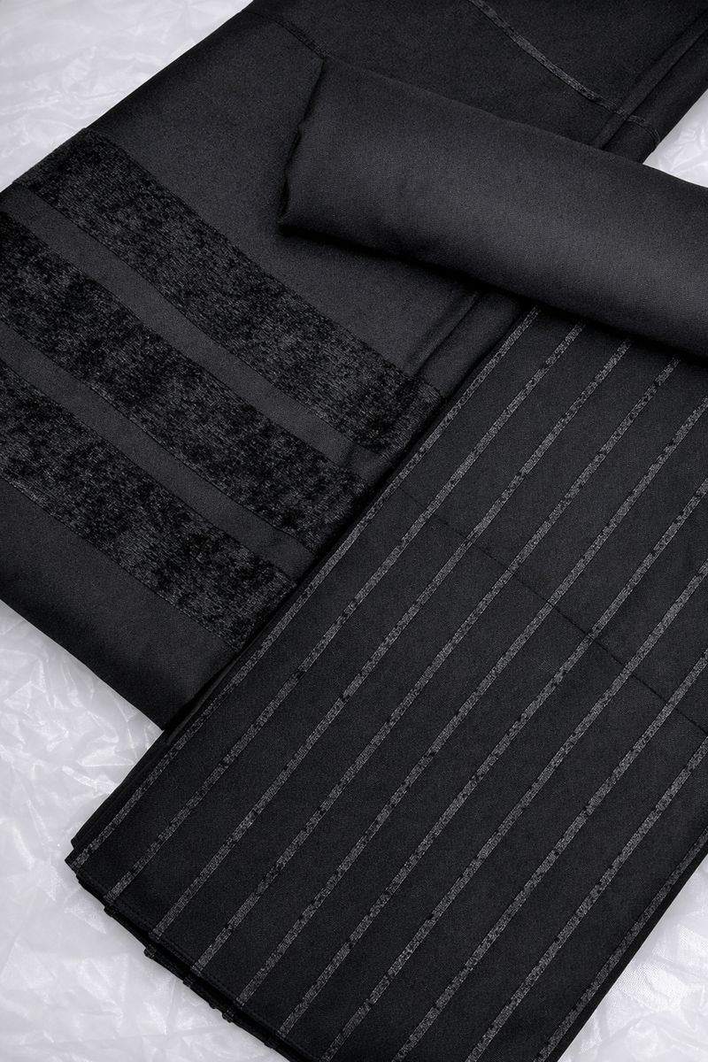 Black Alpine Velvet Dhank from Hayadar Clothing's exclusive winter collection, featuring plush velvet fabric and traditional design.