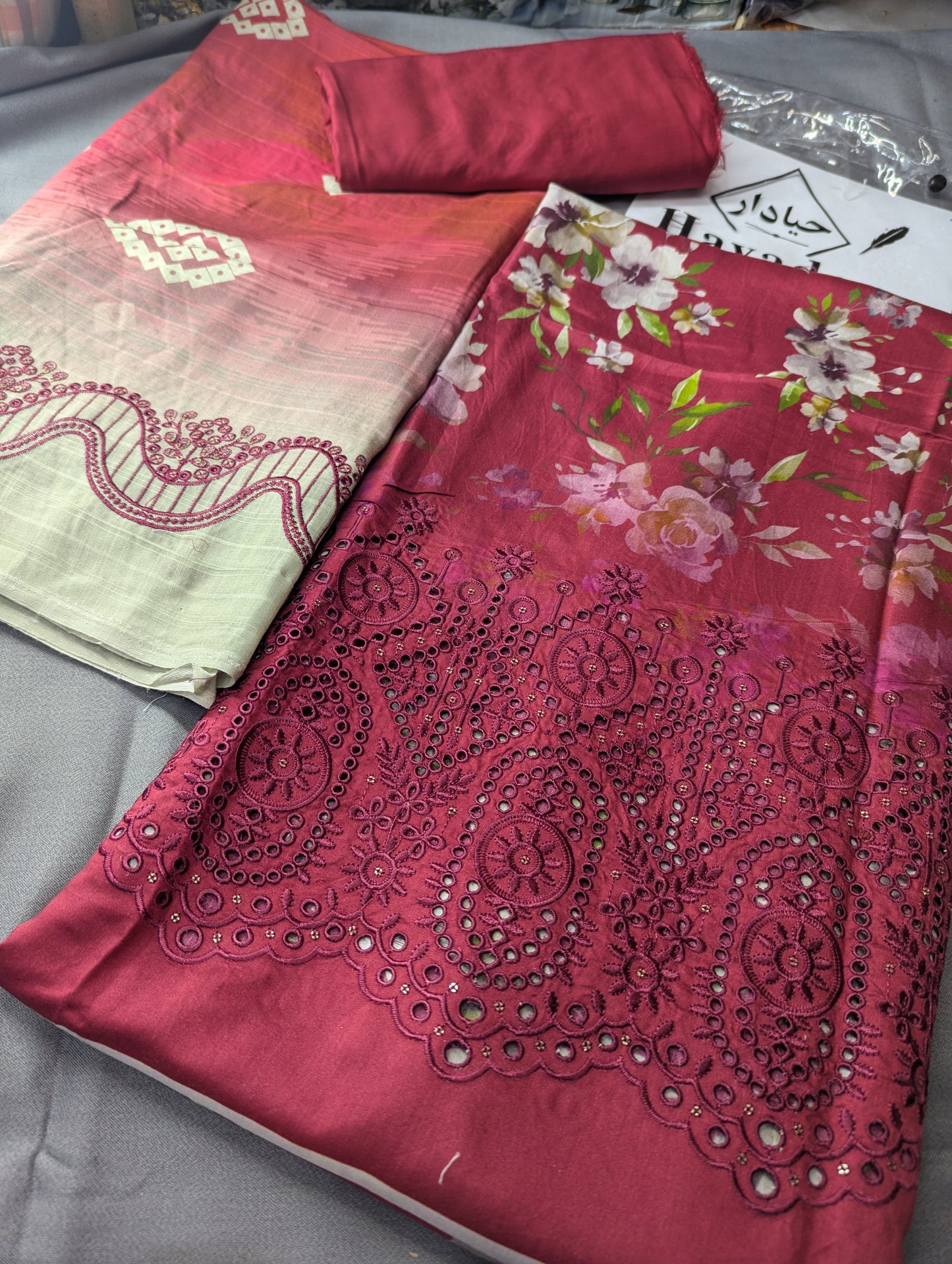 Hayadar Clothing 3-piece viscose embroidery winter collection with export quality print, featuring intricate designs and cozy fabric.