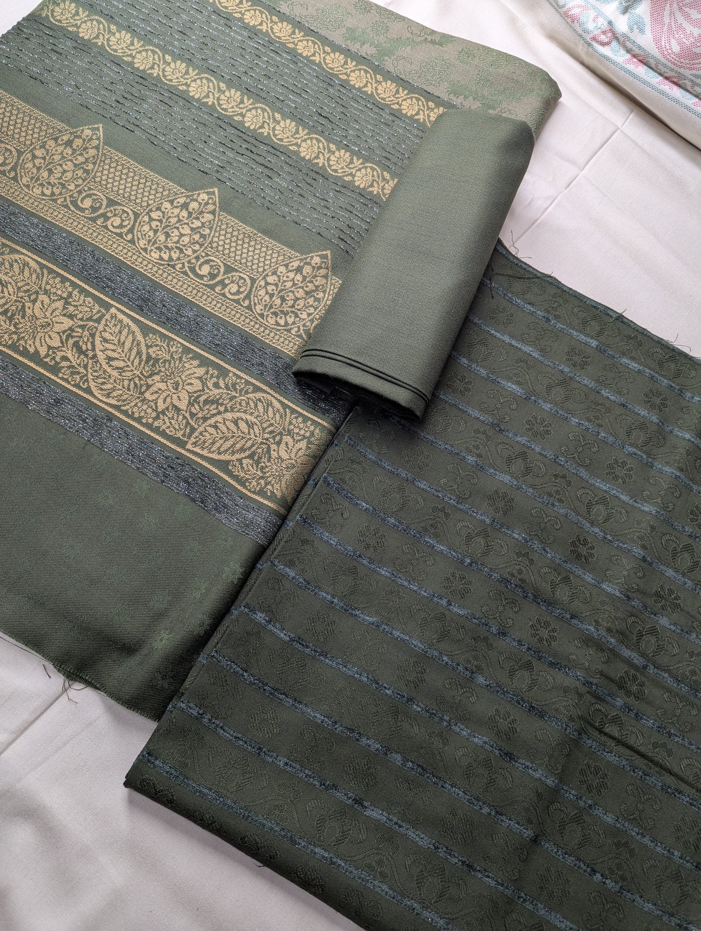 Hayadar Clothing 3-piece Marina Velvet Banarsi Jacquard Wool Shawl set in lush mud green, perfect for winter 2025.