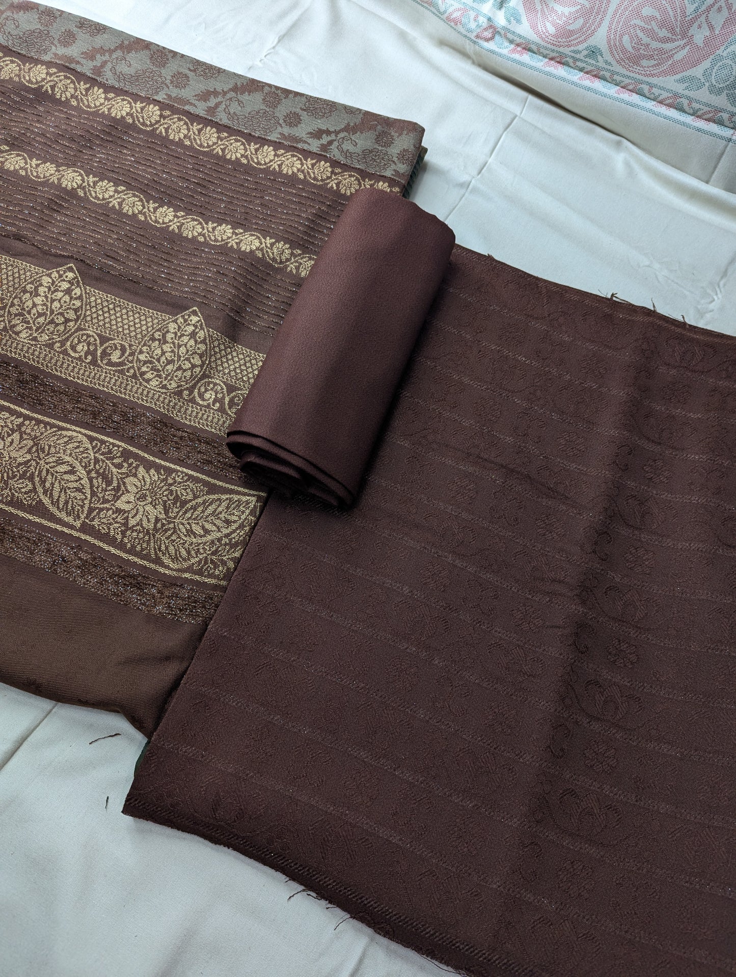 Chocolate-colored Hayadar Clothing 3PC Marina Velvet Banarsi Jacquard Wool Shawl for winter, detailed fabric pattern and luxurious texture.