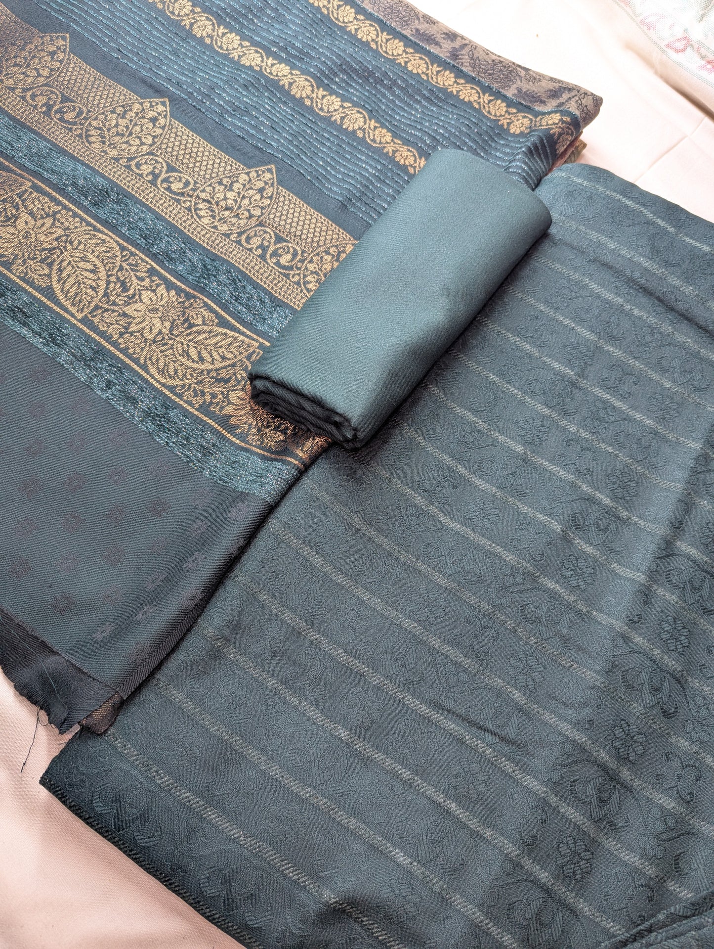 Banarsi Jacquard wool shawl in bottle green from Hayadar Clothing's 3-piece Marina Velvet winter collection, featuring intricate velvet patterns.