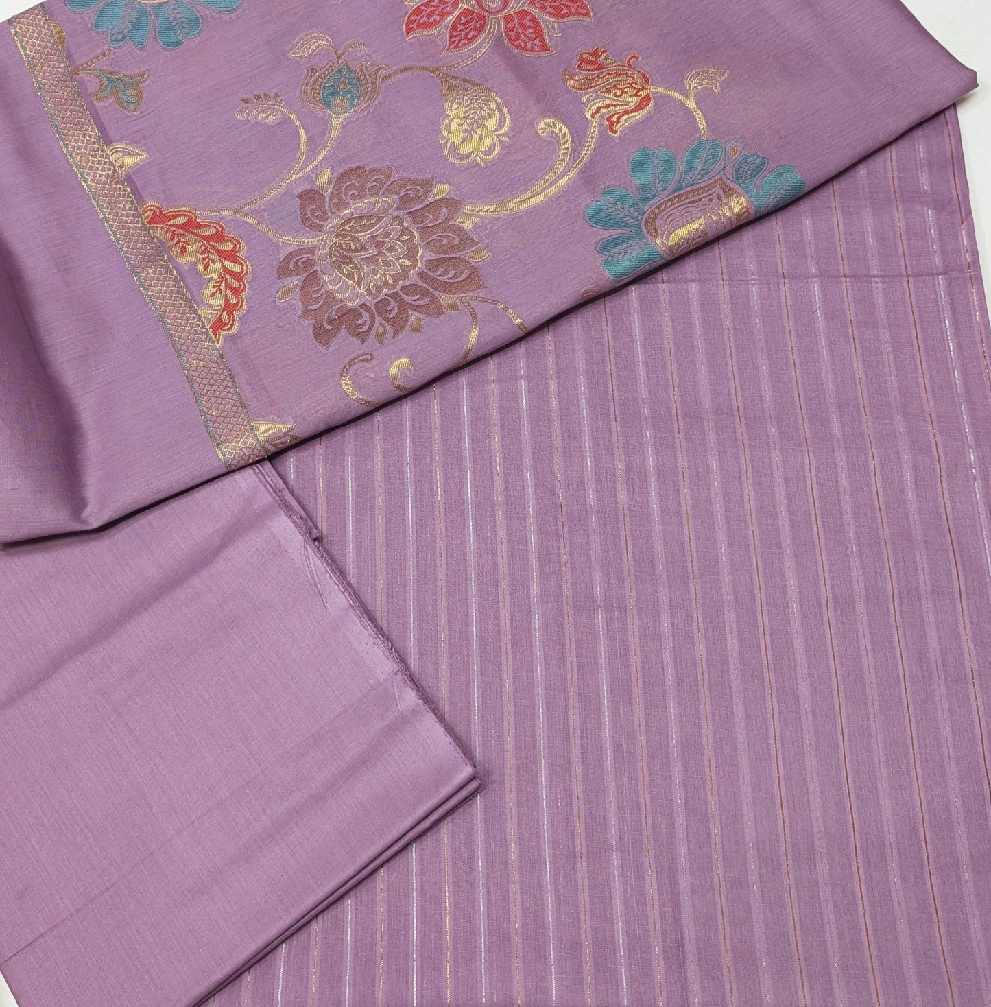 Hayadar Clothing 3-piece moon light lawn suit with purple lilac multi jaquard Banarasi dupatta, elegant traditional Indian attire.