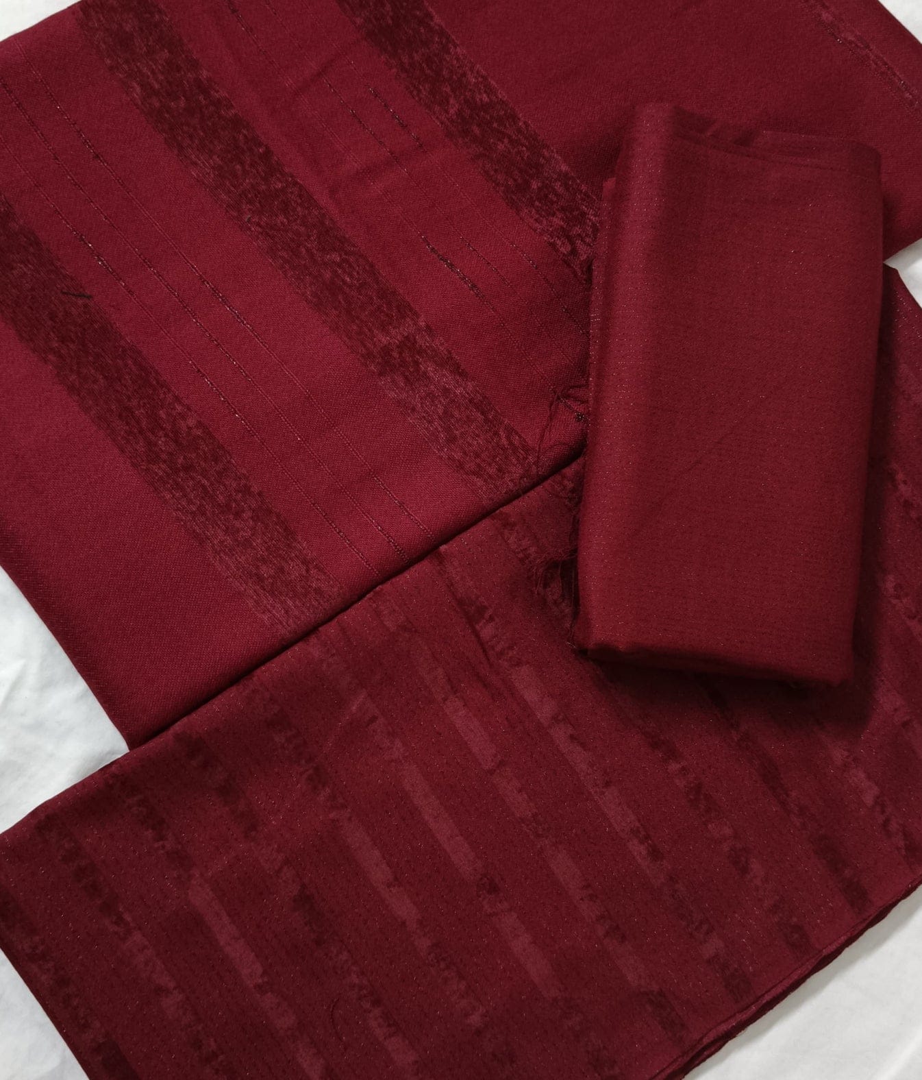 Three-piece Alpine Chamki Zari velvet marina winter collection in mahroon color by Hayadar Clothing, featuring intricate embroidery and rich fabric.