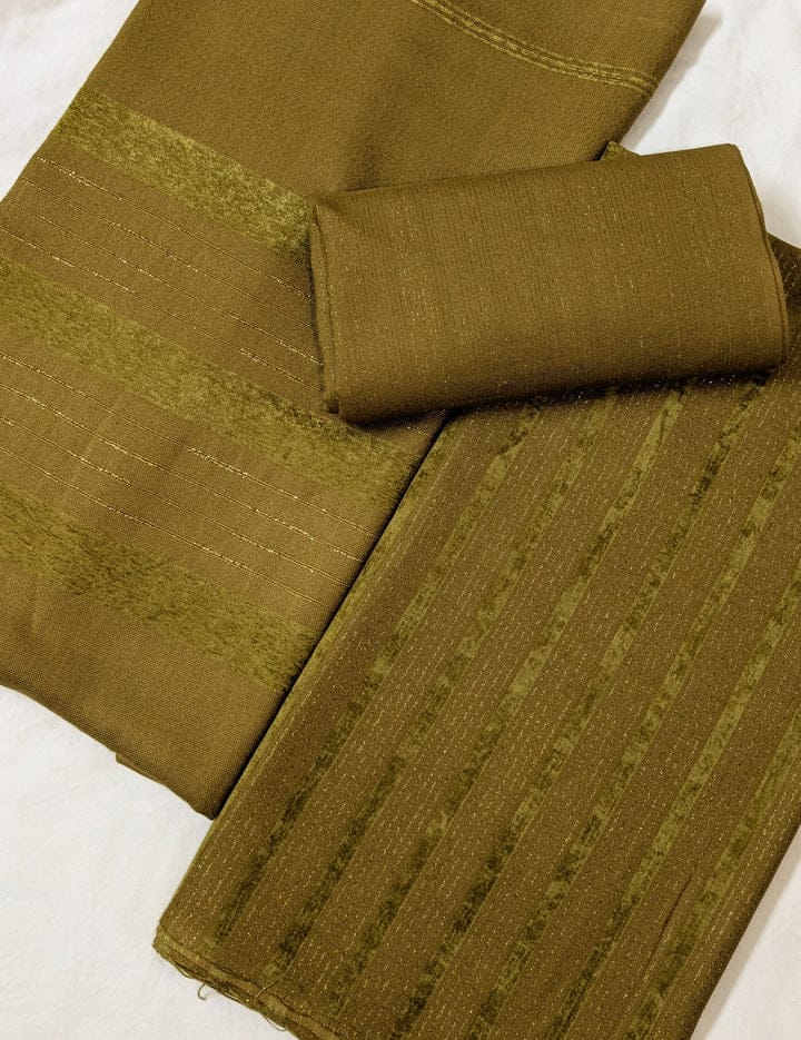 Three-piece Alpine Chamki Zari velvet winter outfit in Mahndi color by Hayadar Clothing, featuring intricate embroidery and rich fabric.