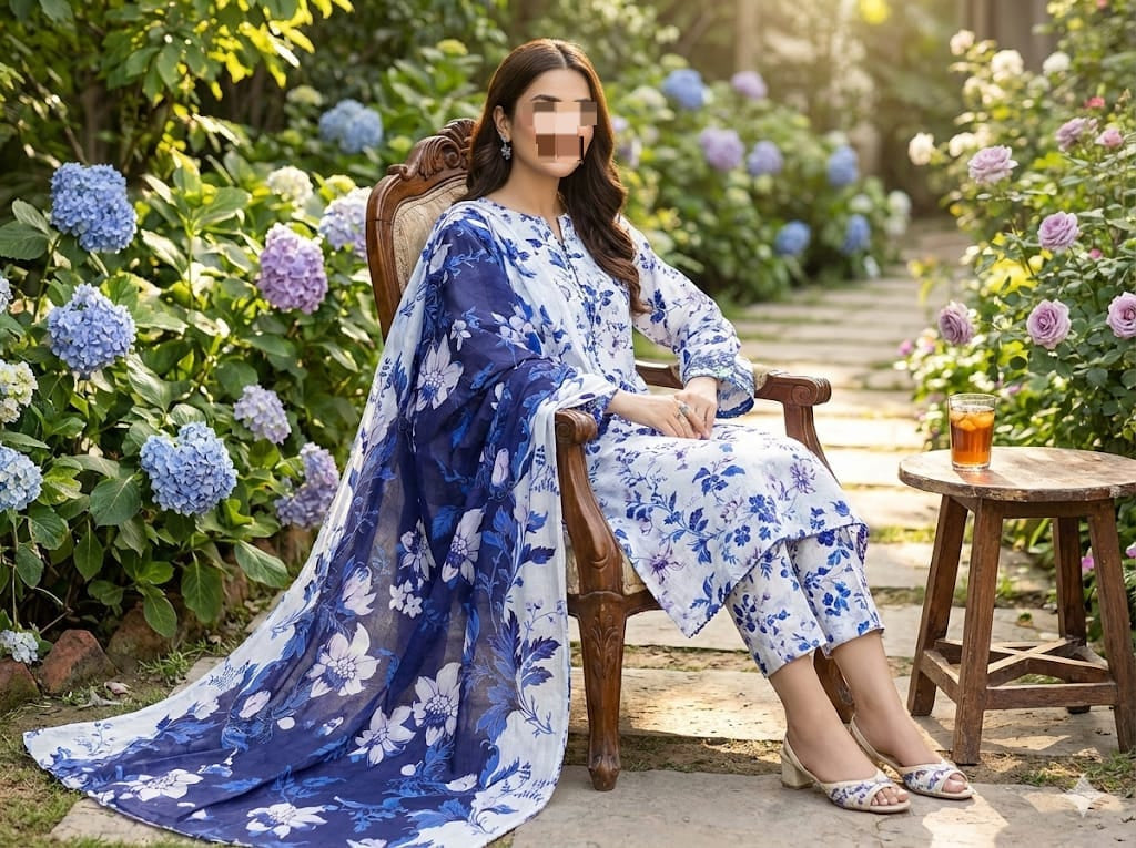 Three-piece fine weave lawn suit with printed design and voil dupatta from Hayadar Clothing, featuring intricate fabric details.