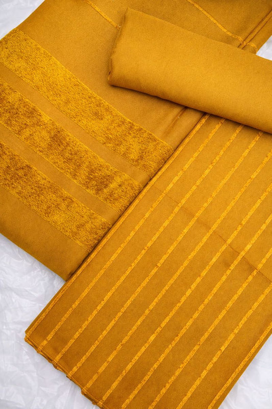 Hayadar Clothing Alpine Velvet Dhank Marina in Mustard, a cozy 3-piece winter outfit with plush velvet fabric and elegant design.