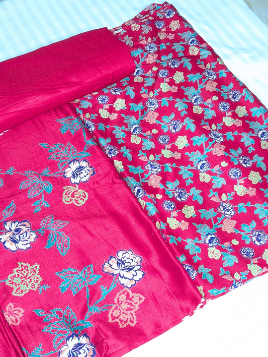 Three-piece pink lilen collection by Hayadar Clothing featuring vibrant shocking pink fabric and stylish design details.
