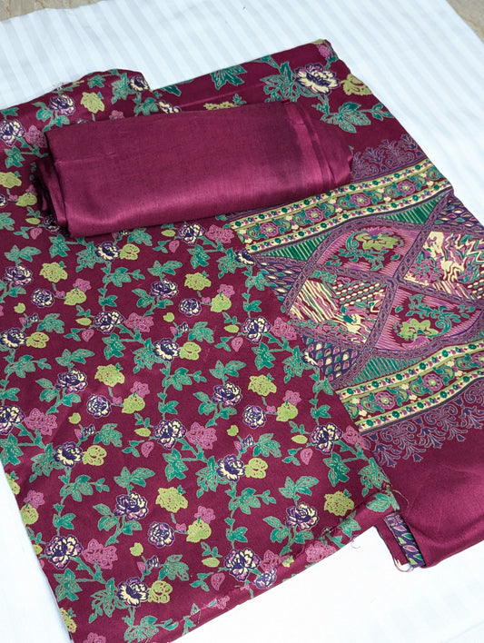 Premium Mehroon 3-piece Lilen Collection by Hayadar Clothing, showing elegant fabric and stylish design details.