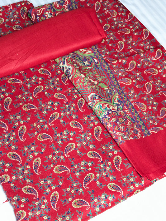 Red 3-piece Premium Lilen Collection from Hayadar Clothing, featuring stylish and comfortable fabric display.