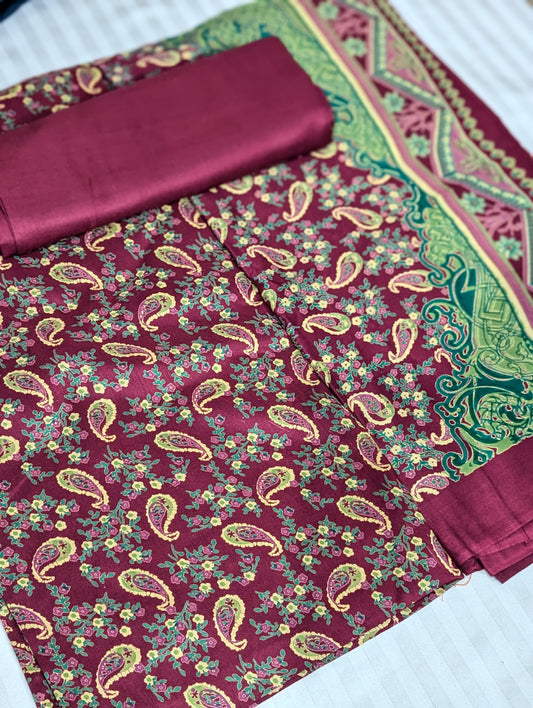 Premium Lilen Collection 3-piece Mehroon outfit by Hayadar Clothing, featuring traditional design and intricate fabric details.