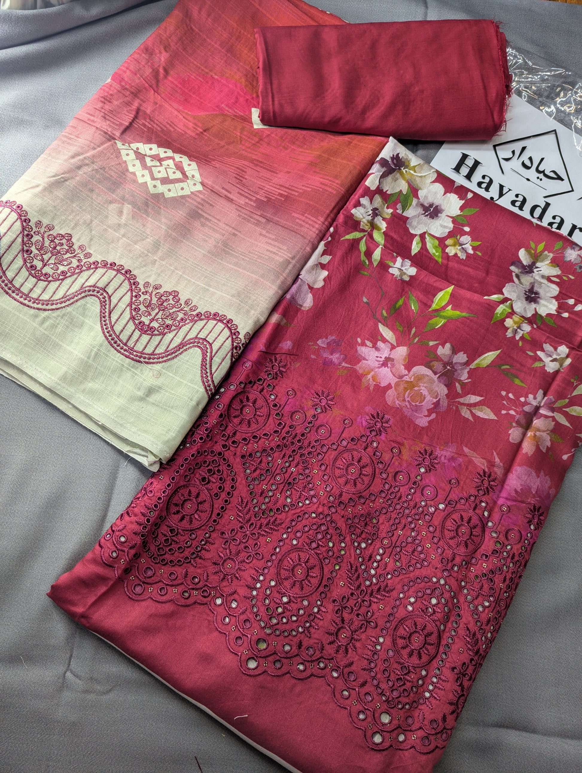 Three-piece viscose embroidery winter outfit from Hayadar Clothing, featuring export quality print and stylish design.
