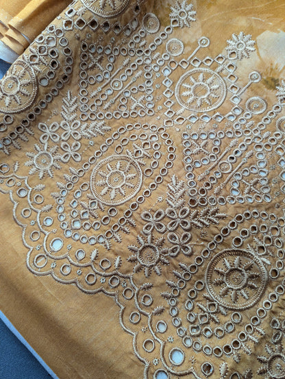 Orange viscose 3-piece embroidery winter outfit by Hayadar Clothing featuring export quality print and stylish design.