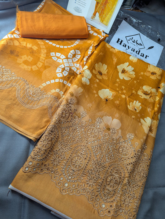 Orange viscose embroidery winter collection 2025 by Hayadar Clothing, featuring a 3-piece boring export quality print set.
