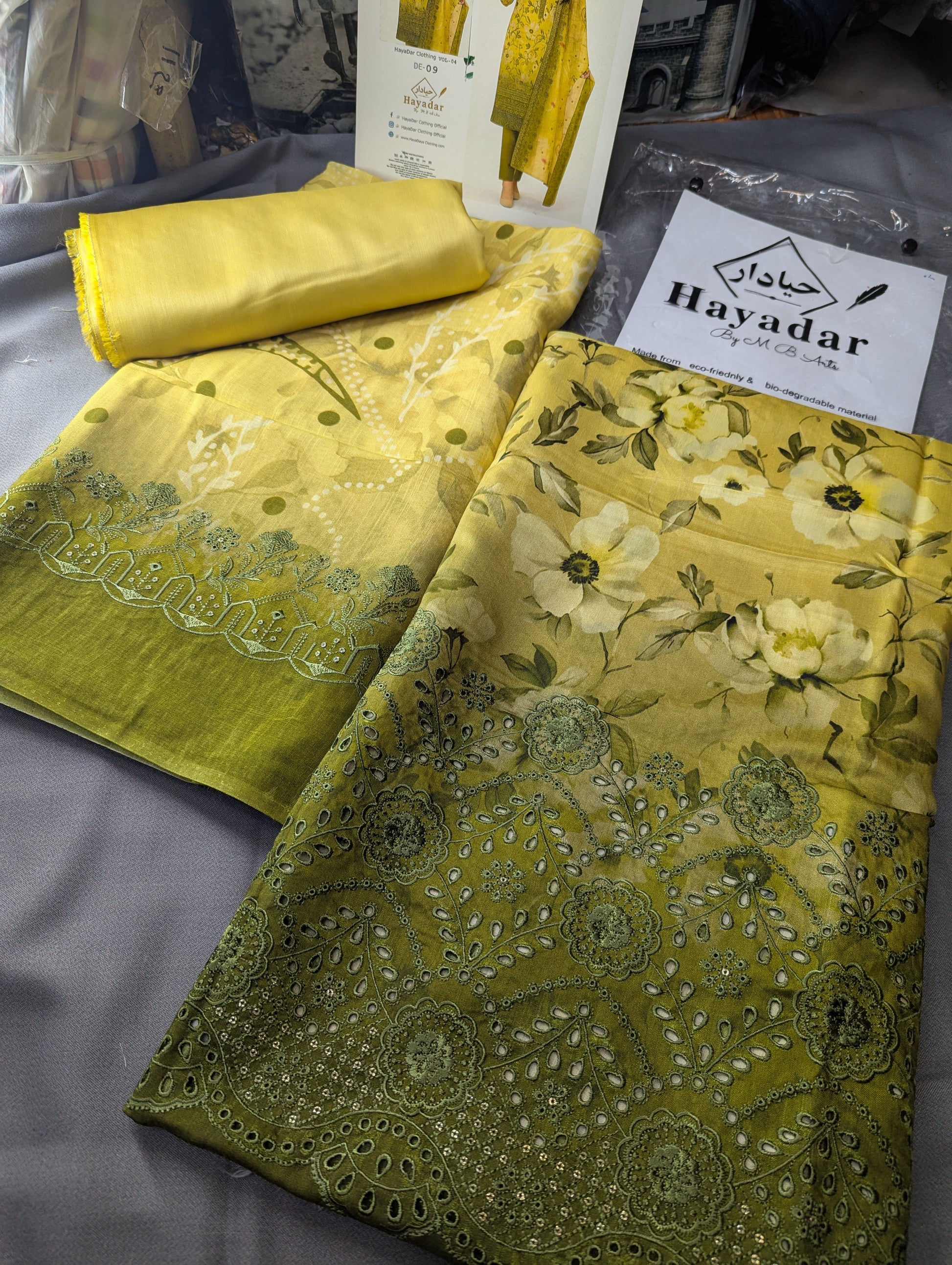 Three-piece viscose winter embroidery set with export quality print by Hayadar Clothing, featuring intricate designs and cozy fabric.