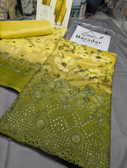 Hayadar Clothing 3-piece viscose embroidery winter outfit with export quality print, featuring intricate designs and comfortable fabric.