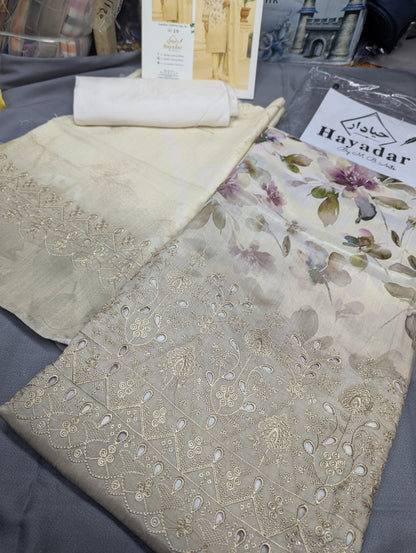 Off-white viscose winter collection 3-piece embroidery set by Hayadar Clothing with export quality print and intricate design.