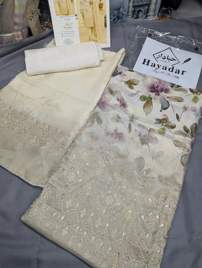 Off-white viscose embroidery winter collection 3-piece set by Hayadar Clothing, featuring elegant print and high-quality fabric.