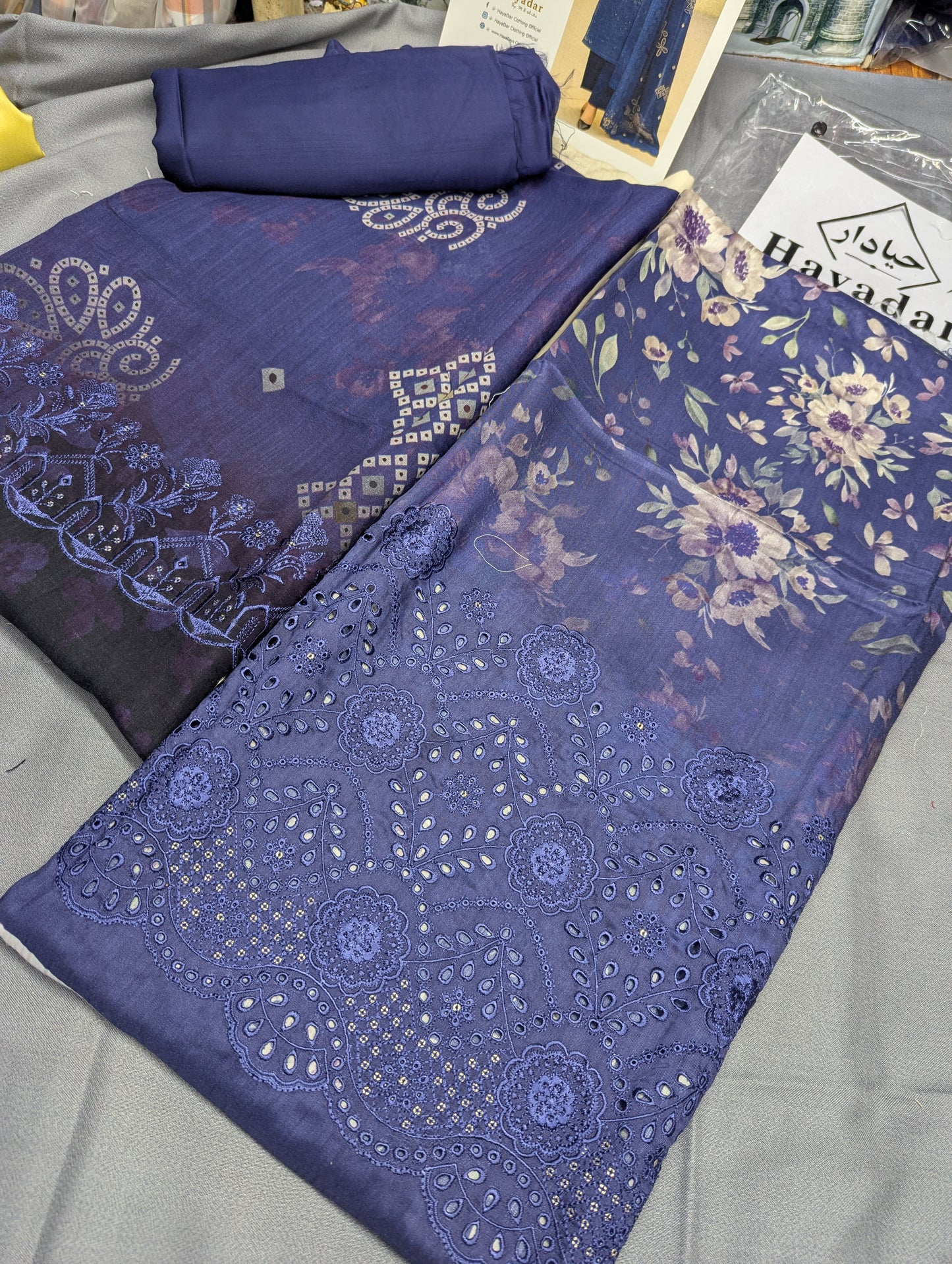 Navy blue 3-piece viscose winter collection by Hayadar Clothing featuring embroidered export quality print design