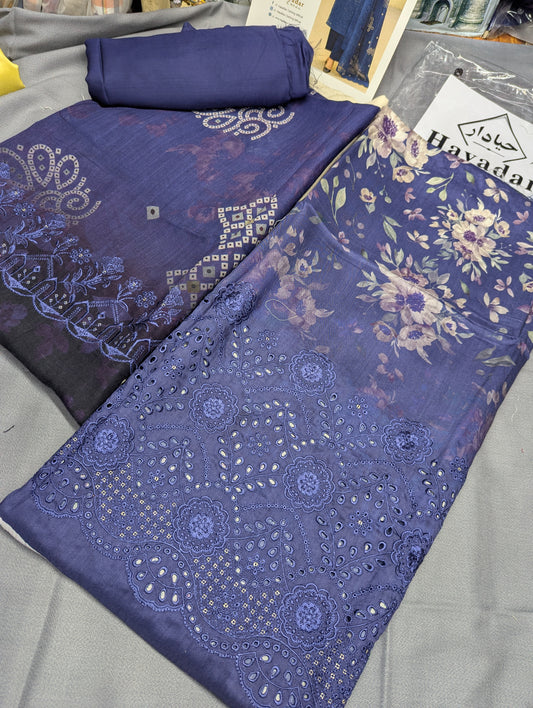 Navy blue 3-piece viscose winter collection by Hayadar Clothing featuring embroidered export quality print design