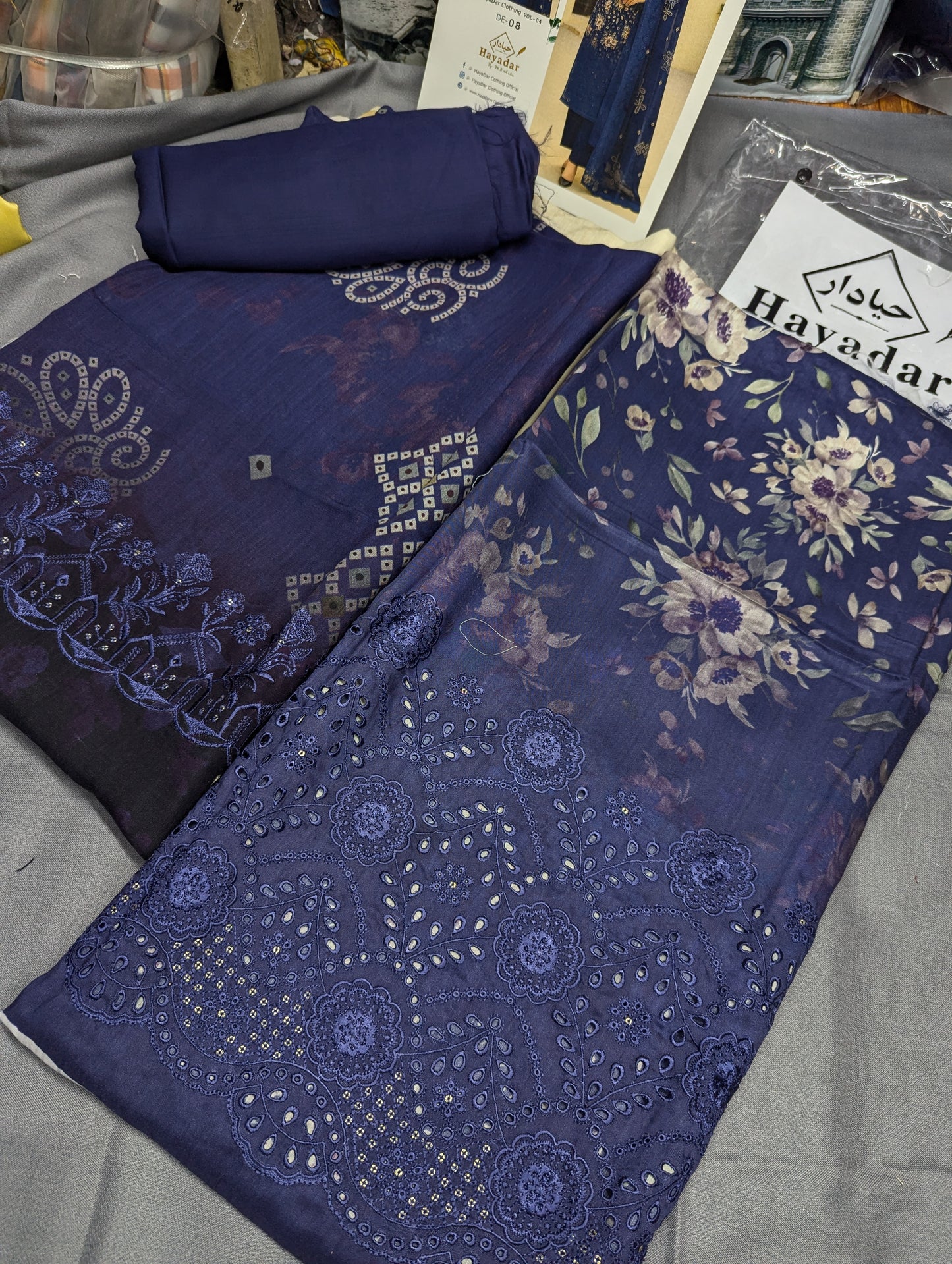 Navy blue 3-piece viscose winter collection by Hayadar Clothing featuring embroidered export quality print.