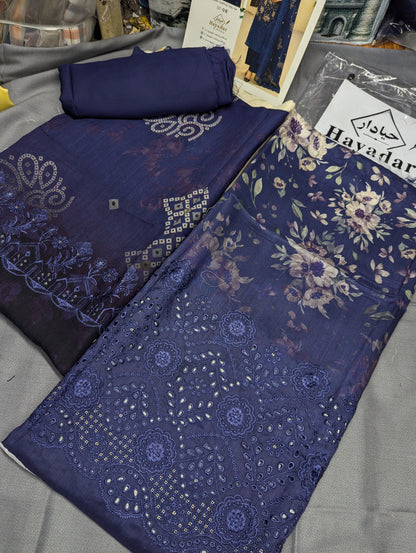 Navy blue 3-piece viscose winter collection by Hayadar Clothing featuring embroidered export quality print.