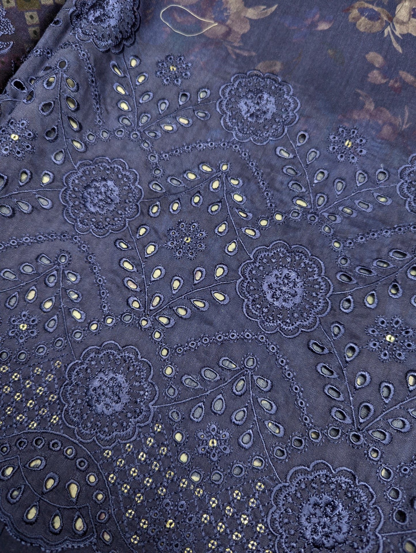 Navy blue 3-piece viscose winter collection embroidery set by Hayadar Clothing, featuring export quality print and intricate embroidery.