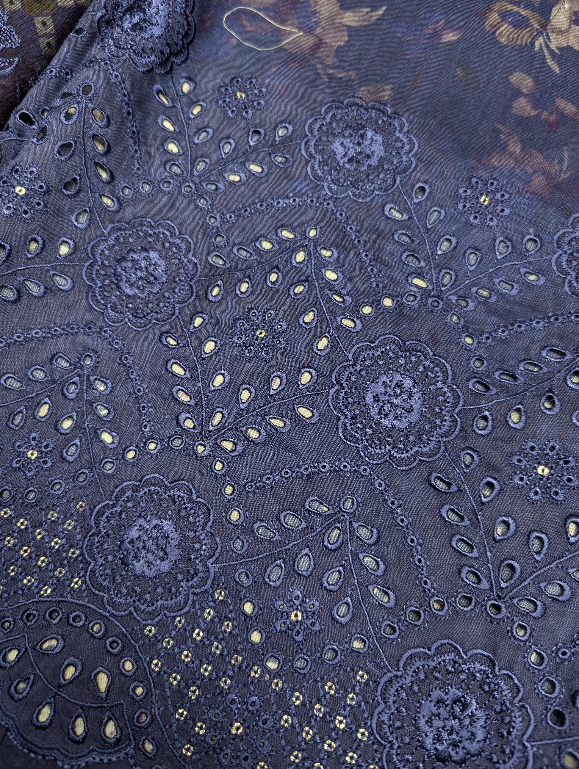 Navy blue 3-piece viscose winter collection embroidery set by Hayadar Clothing, featuring export quality print and intricate embroidery.