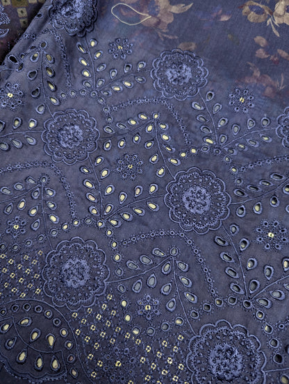 Navy blue 3-piece viscose winter collection embroidery set by Hayadar Clothing, featuring export quality print and intricate embroidery.