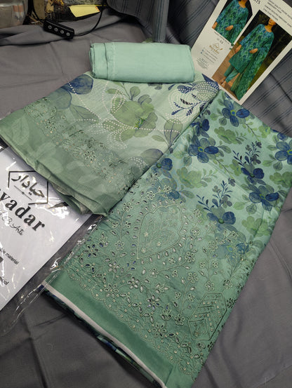 Light green 3-piece viscose embroidery winter outfit by Hayadar Clothing, featuring export quality print and stylish design.