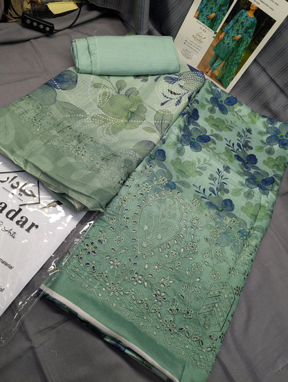 Light green 3-piece viscose winter embroidery set by Hayadar Clothing, featuring export quality print and intricate embroidery details.