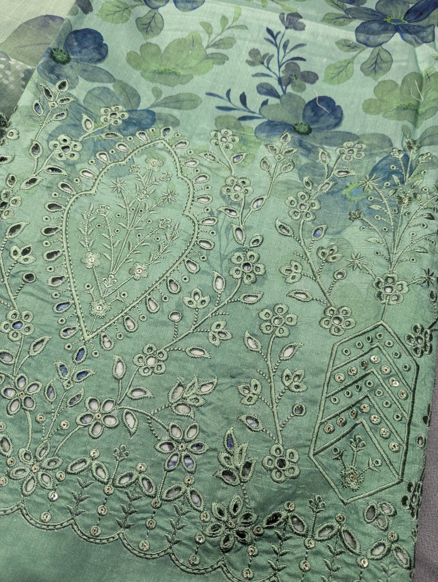 Light green 3-piece viscose embroidery winter outfit by Hayadar Clothing, featuring intricate export-quality print details.