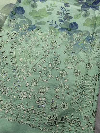 Light green 3-piece viscose embroidery winter outfit by Hayadar Clothing, featuring intricate export-quality print details.