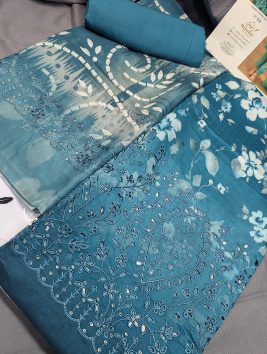 Sea green 3-piece viscose winter outfit from Hayadar Clothing featuring embroidery and export quality print.