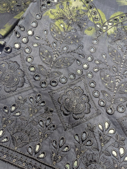 Black 3-piece viscose embroidery winter suit from Hayadar Clothing, featuring export-quality print and elegant design.