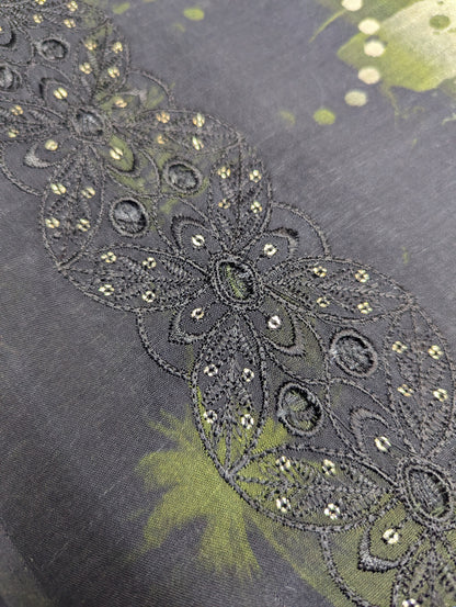 Black viscose 3-piece embroidery winter collection by Hayadar Clothing, featuring export-quality print and elegant design.