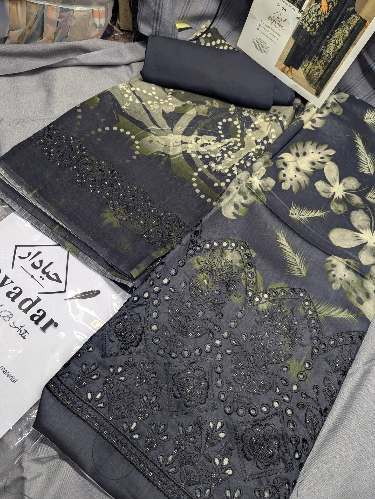 Black viscose 3-piece embroidery winter collection by Hayadar Clothing, featuring export quality print and stylish design.