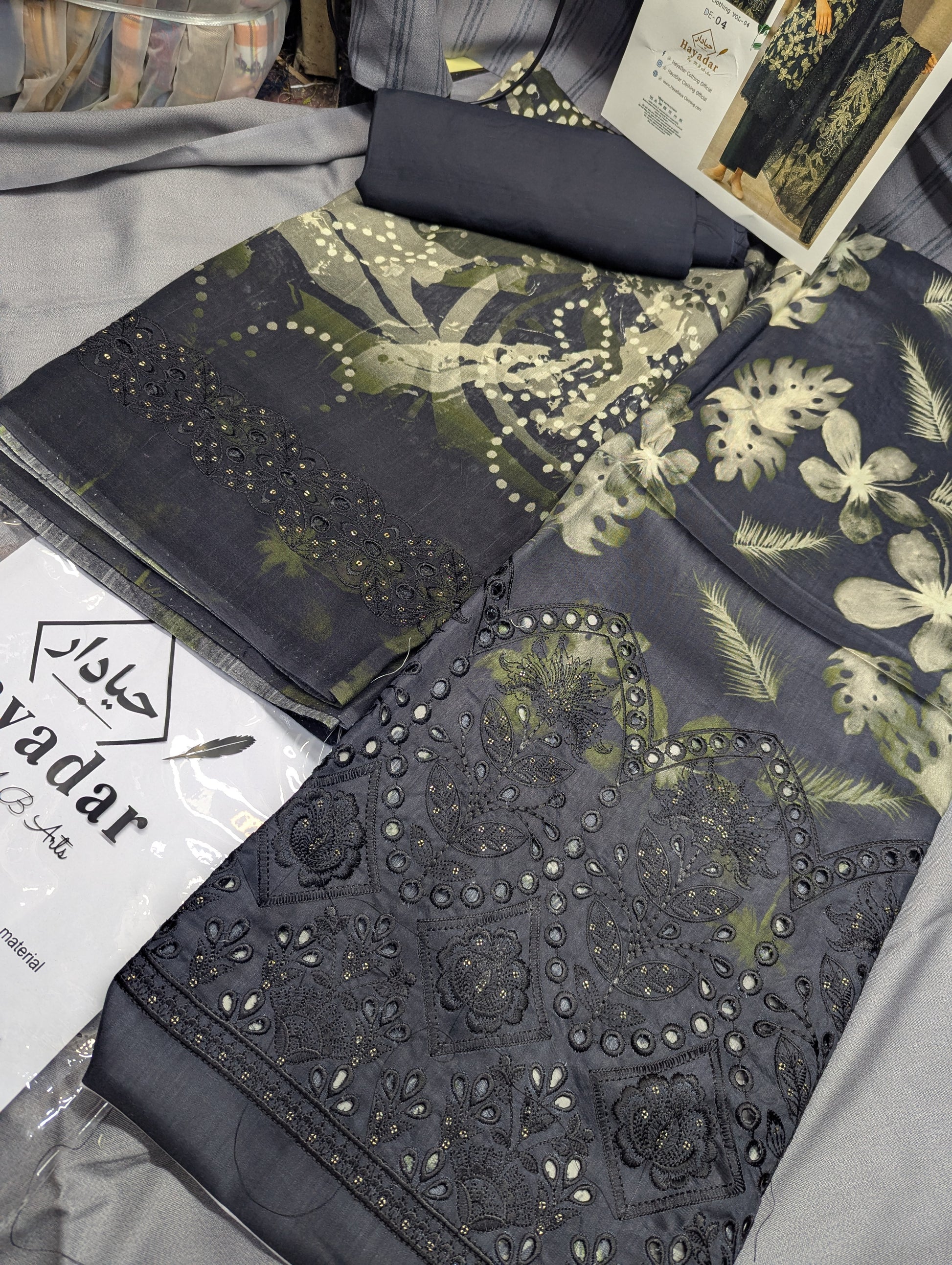 Black viscose 3-piece embroidery winter collection by Hayadar Clothing, featuring export quality print and stylish design.