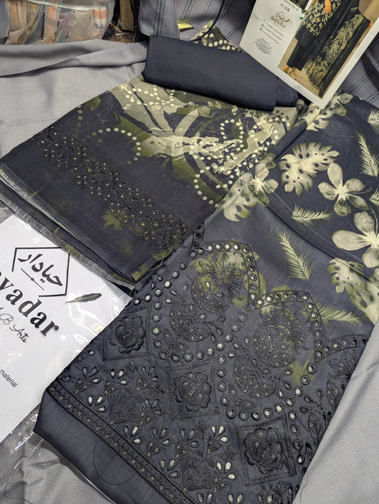 Black viscose 3-piece embroidery winter collection by Hayadar Clothing, featuring export quality print and stylish design.