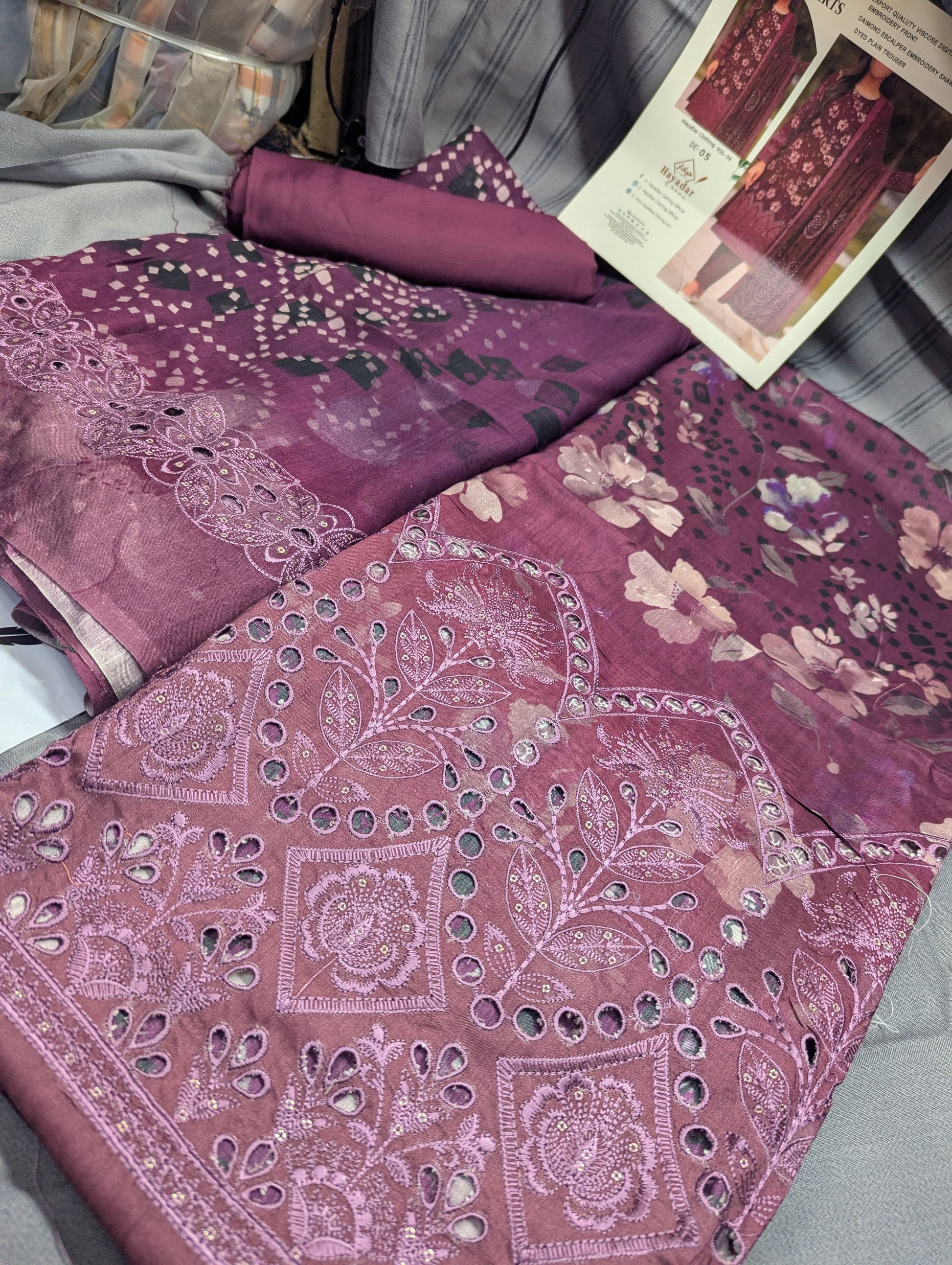 Pink viscose winter collection 3-piece embroidery export quality print set by Hayadar Clothing, featuring intricate embroidery details.