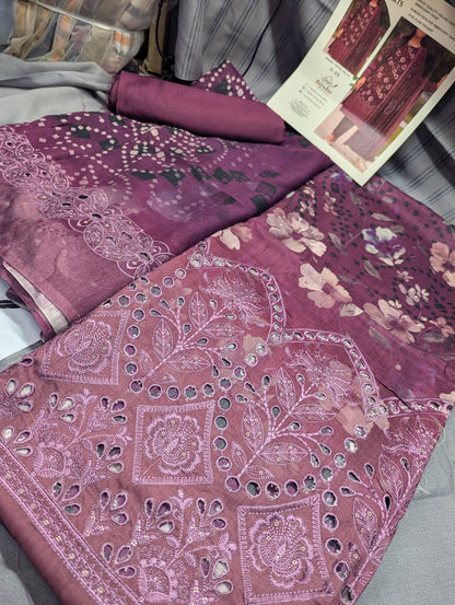 Pink viscose winter collection 3-piece embroidery export quality print set by Hayadar Clothing, featuring intricate embroidery details.