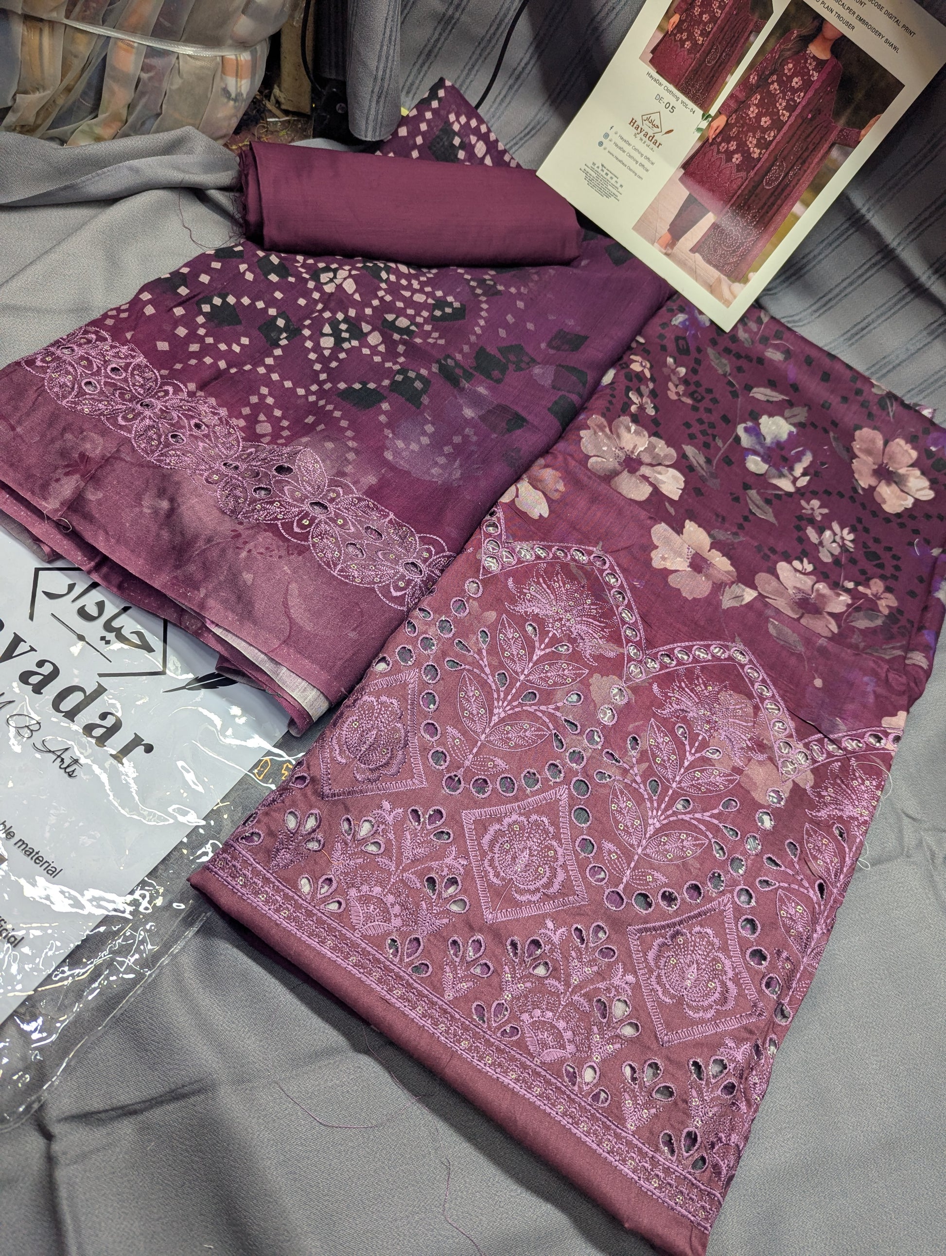 Pink viscose 3-piece embroidery winter collection by Hayadar Clothing, featuring export quality print and stylish design.