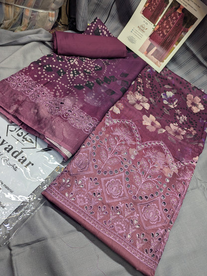 Pink viscose 3-piece embroidery winter collection by Hayadar Clothing, featuring export quality print and stylish design.
