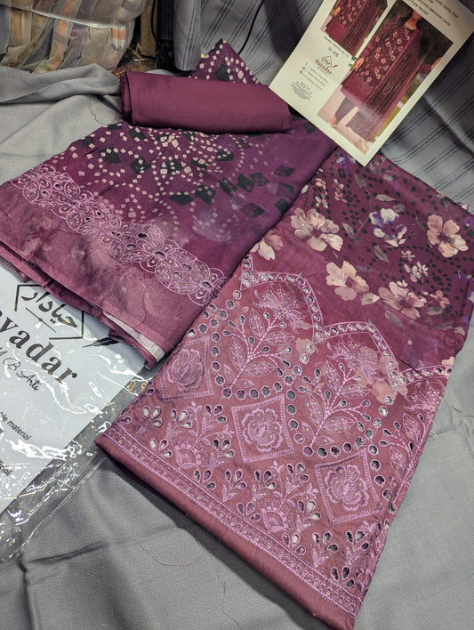 Pink viscose 3-piece embroidery winter collection by Hayadar Clothing, featuring export quality print and stylish design.