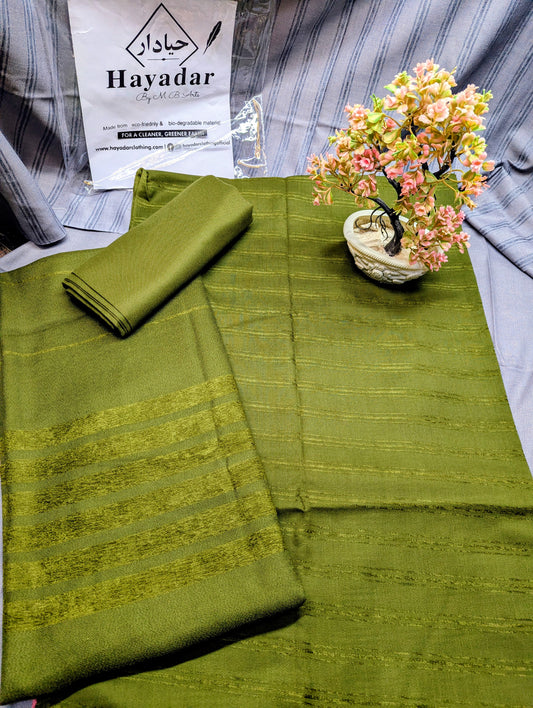 Velvet lining Marina suit with shawl in Mehndi color, 3-piece set by Hayadar Clothing, featuring intricate allover design.