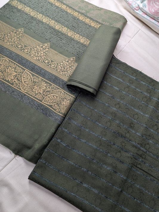 Hayadar Clothing 3-piece Marina Velvet Banarsi Jacquard Wool Shawl set in lush mud green, perfect for winter 2025.