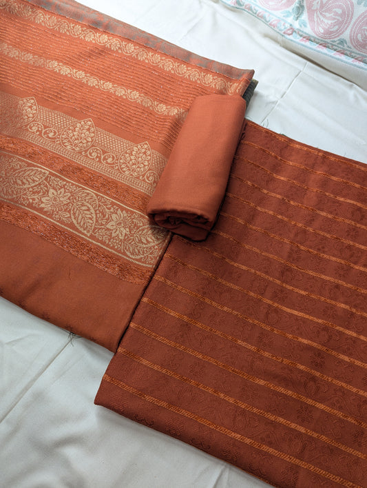 Rust-colored Hayadar Clothing 3-piece Marina Velvet Banarsi Jacquard Wool Shawl set, showcasing intricate patterns and luxurious texture.