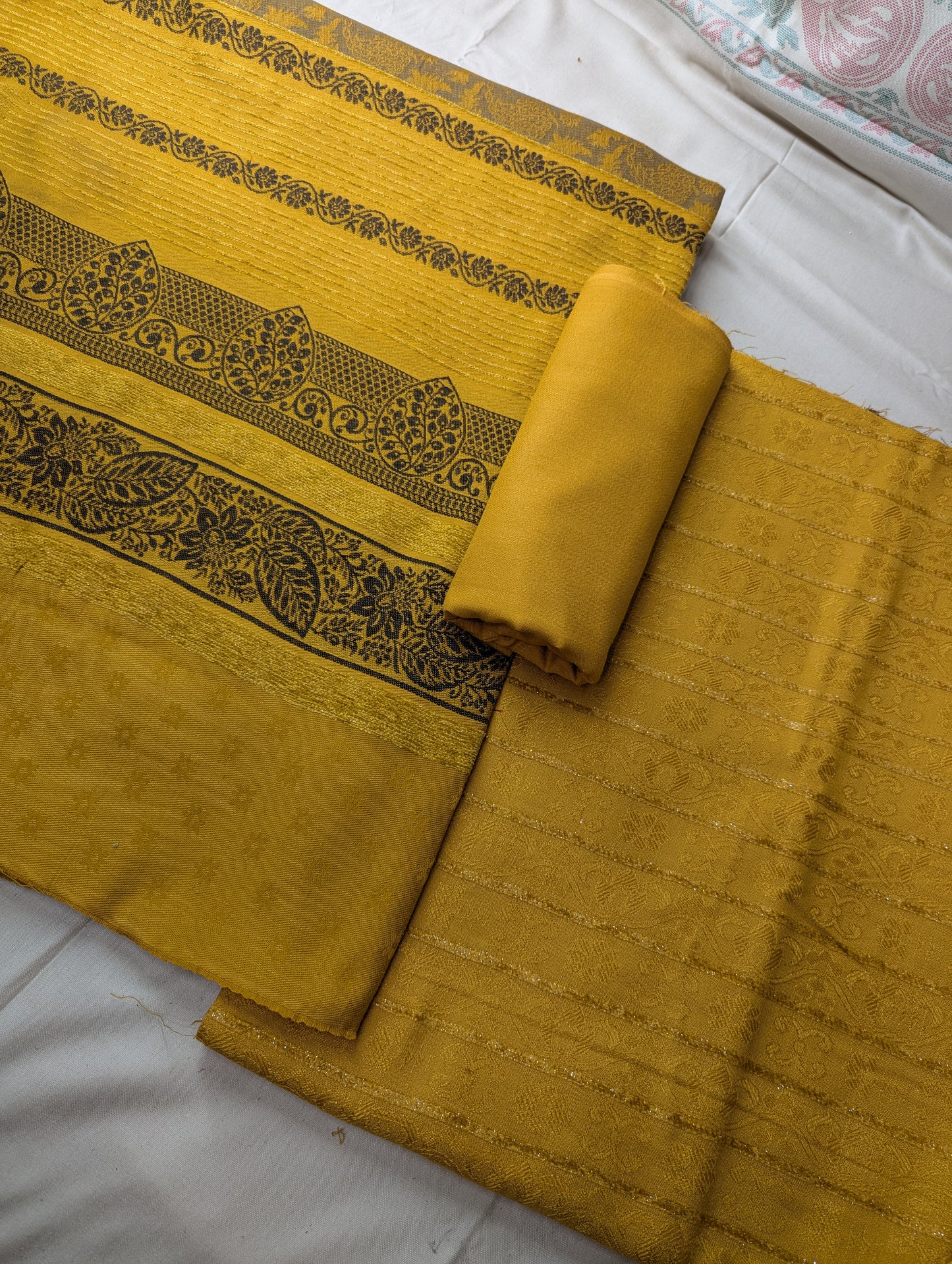 Mustard-colored 3-piece Marina Velvet Banarsi Jacquard Wool Shawl set, luxurious winter accessory by Hayadar Clothing.