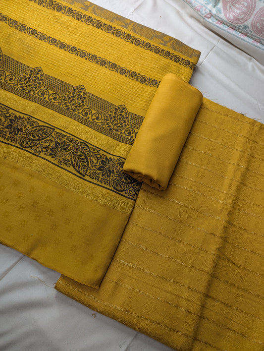 Mustard-colored 3-piece Marina Velvet Banarsi Jacquard Wool Shawl set, luxurious winter accessory by Hayadar Clothing.