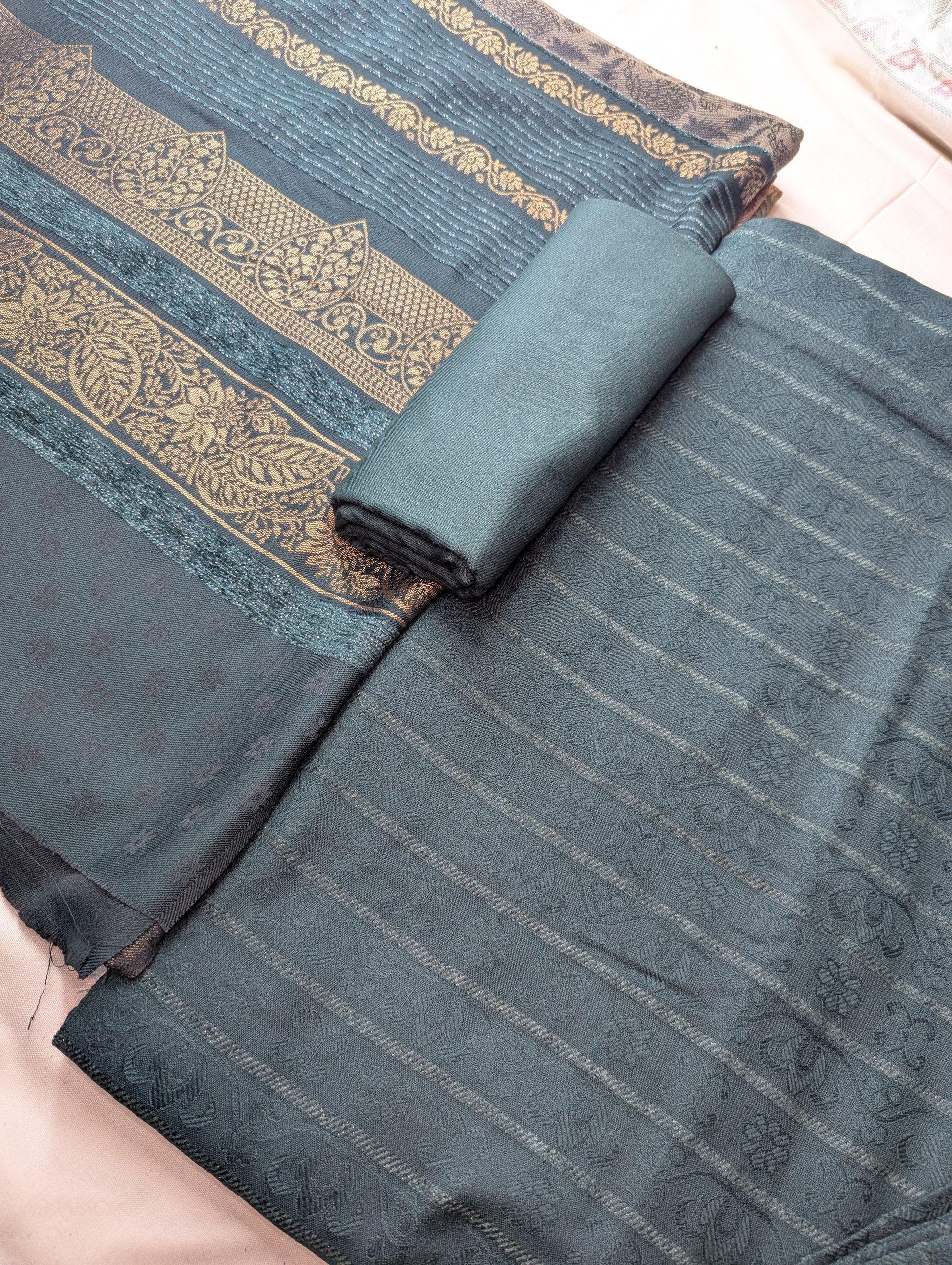 Banarsi Jacquard wool shawl in bottle green from Hayadar Clothing's 3-piece Marina Velvet winter collection, featuring intricate velvet patterns.